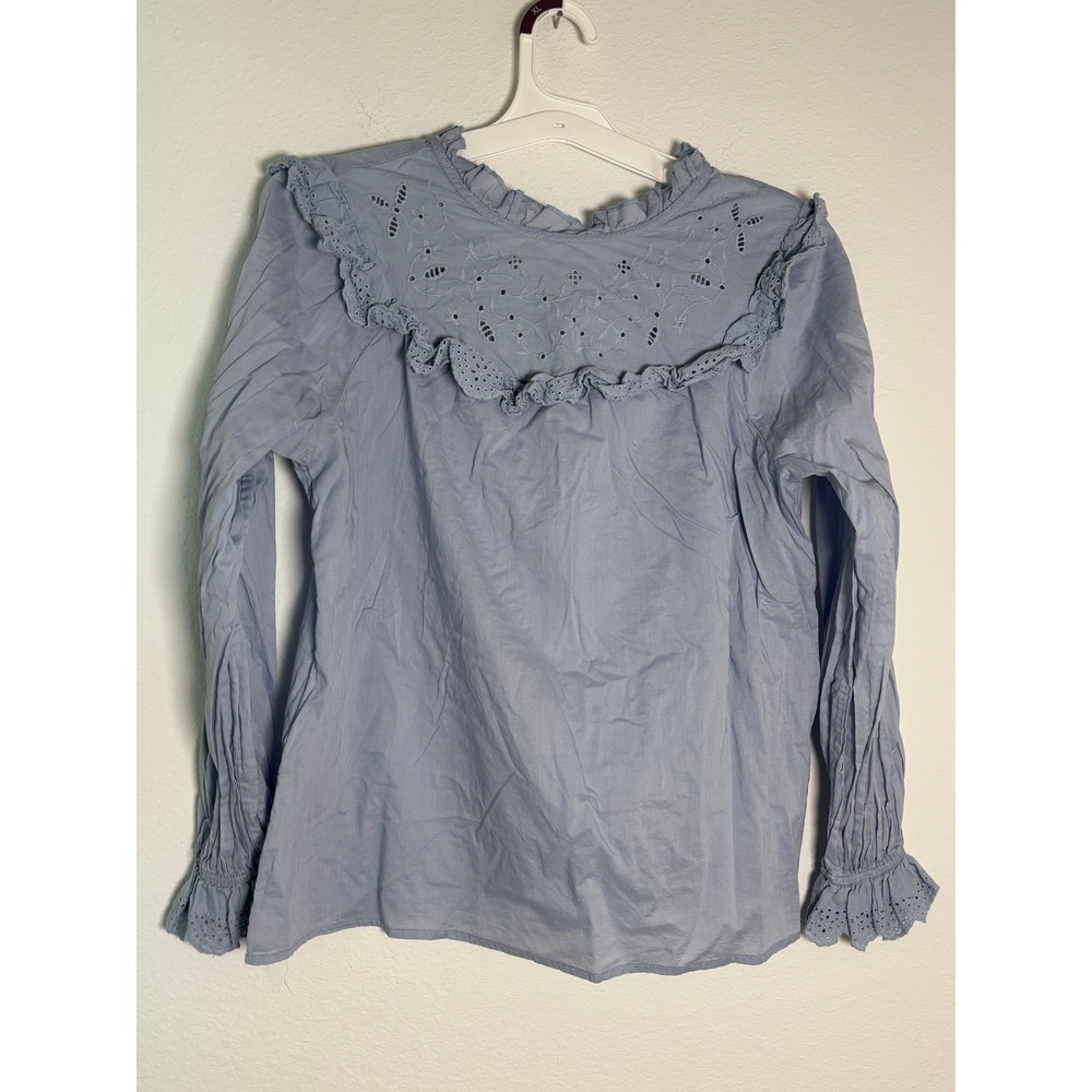 Status by Chenault Light Blue Eyelet Ruffle Collar Long Sleeve Blouse Medium